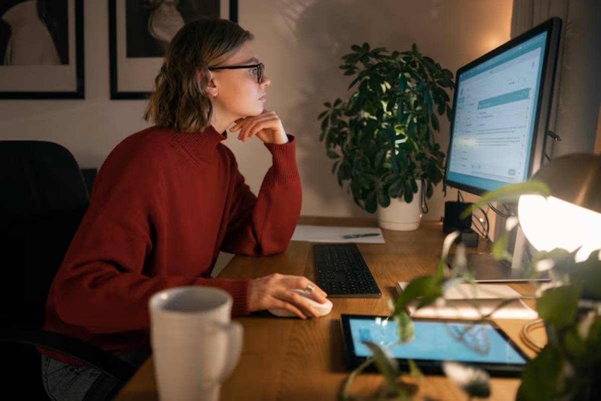 A person in a red sweater sits at a desk with a computer, a mouse, and plants, engaged in work under warm lighting. 