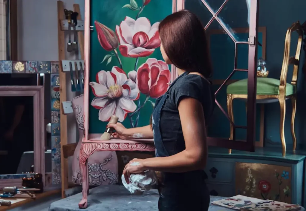 A woman is painting a picture indoors, surrounded by a vase of flowers and a wall with art. The room includes a fireplace and she is wearing casual clothing.