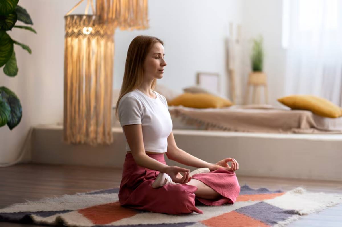 A person sits cross-legged on a colorful rug, meditating in a serene, well-lit room with soft furnishings and hanging decor.